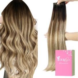 YoungSee #2/6/24 Clip-In Real-Hair Extensions Balayage 40 cm Brown Blonde Remy for Women