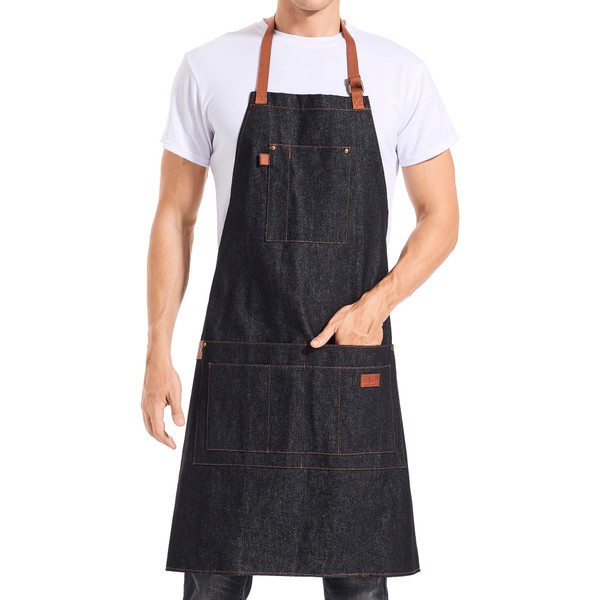 a u sure Denim Apron with Pockets Black Tall Bib Apron with Long Ties Adjustable M to XXL - Gifts for Men Women