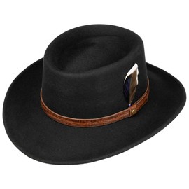 Stetson Petersham Gambler Wool Hat - Plain Hat - Leather Trim Band - Elegant Felt Hat - Outdoor & Rain Hat with Asahi Guard - Men - Autumn/Winter, black