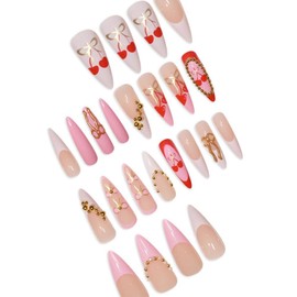 Long Almond Press on Nails Pink Fake Nails with 3D Rhinestone French Tips Design Gold Bow False Nails Red Cherry Stick on Nails Glossy Summer Handmade Glue on Nails for Women Girls Manicure 24Pcs