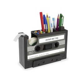 Tape Dispenser with Pen Holder, The Retro Cassette Heat Tape Dispenser, Cute Roll Holder with 1 Roll, Paperclips Holder,Stationery Desk Tidy Container, Office Stationery Storage,Great Office Gifts