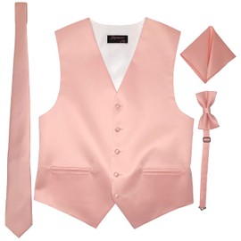 Spencer J's Men’s Formal Tuxedo Suit Vest Tie Bowtie and Pocket Square 4 Peace Set Verity of Colors (5XL (Coat Size 66-70), Petal Peach)