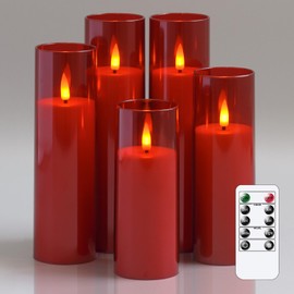 Yeelida Flameless Flickering Candles with Remote Control and Timer, Battery Operated LED Fake 2.2" x 5",6",7",8",8" Plastic Pillar Candles for Home Decor(Long-Lasting, Red)