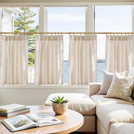 jinchan Linen Pinch Pleated Kitchen Curtains 36 Inch 4 Panels, Natural Linen Tier Curtains Back Tab Beige Farmhouse Cafe, Light Filtering Small Window Drapes for Bathroom Laundry Room Crude