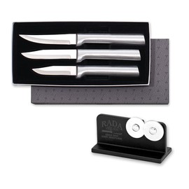 Rada Cutlery 3-Piece Paring Knife Galore Knife Gift Set with Quick Edge Sharpener, Silver Handles