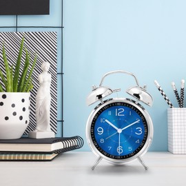 Lafocuse Double Bell Alarm Clock, 16 cm, Analogue, No Ticking, Metal Blue Alarm Clock with Large Dial, Silent Bedside Table Clock with Night Light for Bedroom, Office