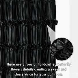 Homechoice Decor Black Ruffle Shower Curtain, Vintage Handcrafted Bow Tie Bath Curtain for Master Bathroom, Ruched Satin Bathroom Curtain with 12 Buttonholes, 72" W x 72" H (LQ-10)
