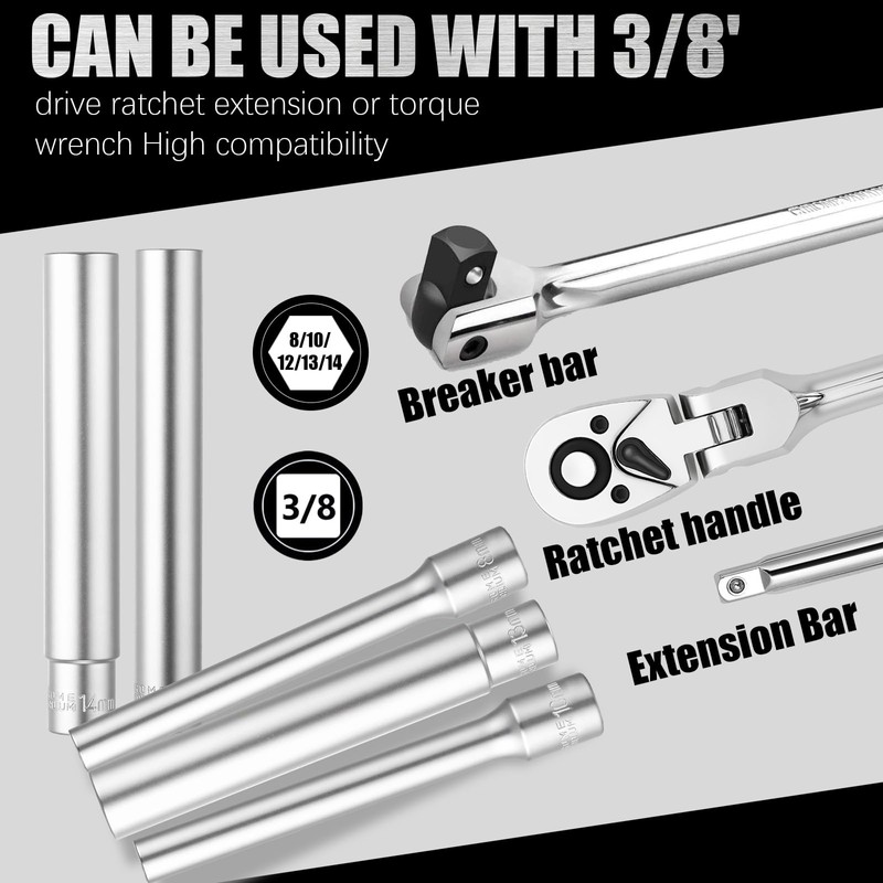 DSBYKJ 5-Piece 8mm-14mm Extended Extra-Deep Hex Metric Spark Plug Socket