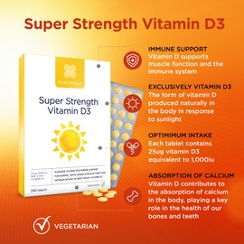 Healthspan Super Strength Vitamin D3 | Immune Health | Bone, Teeth & Muscle Health | Contains 1,000iu of Natural Source Vitamin D3 in Each Tablet | Vegetarian (240 Tablets)