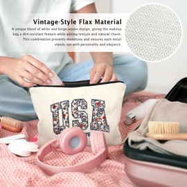 LIANGW Retro Floral USA 4th of July Makeup Bag, America Patriotic Cosmetic Bags for Women, Red White and Blue USA Toiletry Bag for Women, cosmetic bag, makeup case