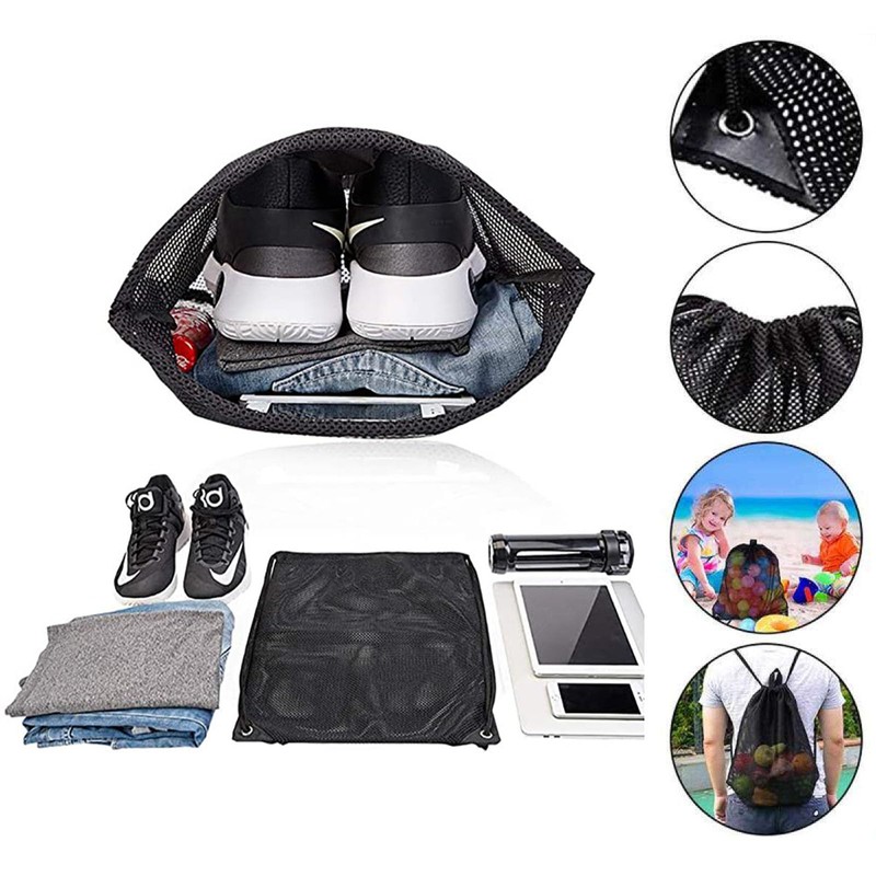 Mesh beach bag, drawstring gym bag, black mesh bag, mesh