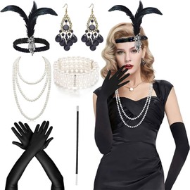 FANBOLD Accesorios Gatsby Mujer para Fiesta Halloween,Disfraz Años 20 con Guantes blancos Largos Mujer Satin y Diadema Años 20 y Collar de Perlas,1920 Gatsby Accesorios Flapper Costume