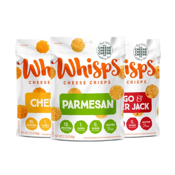 Whisps Cheese Crisps | Keto Snack, Gluten Free, Sugar Free, Low Carb, High Protein | 3 Pack Assortment: Parmesan, Cheddar and Asiago & Pepper Jack 2.12oz (3 Pack)