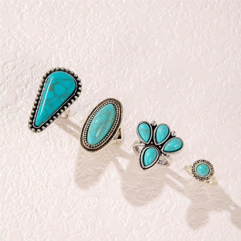 Navirix Vintage Turquoise Western Rings for Women,Exaggerated Chunky Oval Floral