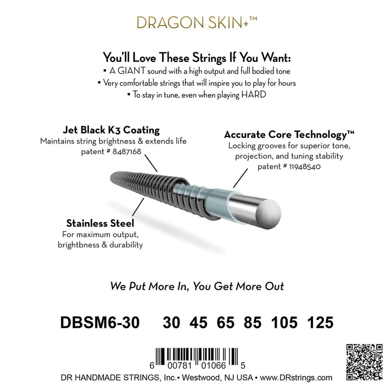 DR Strings DBSMB6-30 6 Strings, Bass Strings, Black DRAGON Multi-Scale