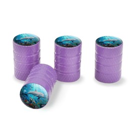 Coral Reef Dolphin and Sea Turtle Valve Stem Caps for Tire Rim Wheel Aluminum - Purple
