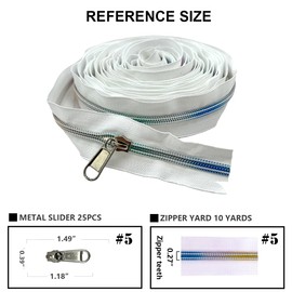KOTAIFA #5 Nylon Coil White Zipper Tape 10 Yards with 25pcs Pulls Long Zippers for The Sewing Bag Purse Handbag Backpack Craft Making Colorful Teeth