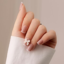 Short Square Press On Nails Pattern - White Edge French Fake Nails with Bow - Elegant Removable Stick On Nails With Glue - Acrylic Full Cover Fake Nails For Women Girls Nails Art DIY Accessories