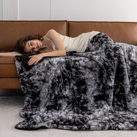 KORBLISS Super Soft Faux Rabbit Fur & Fleece Sherpa Throw Blanket - Ultra Soft Reversible Brushed Tie-dye Throw Blanket for Sofa,Bed and Couch,White,Dark Grey, 50"x60"