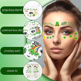 St Patrick’s Day Temporary Face Tattoos Sticker Green Shamrock Temporary Tattoos Makeup Tattoo Stickers Irish Clover Hat Heart Butterfly Fake Tattoos for Saint Patrick’s Day Party Supplies 10PCS