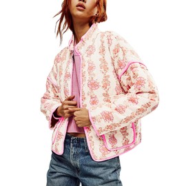 Tankaneo Womens Quilted Lightweight Jackets Floral Print Winter Coats Open Front Cardigan with Pockets