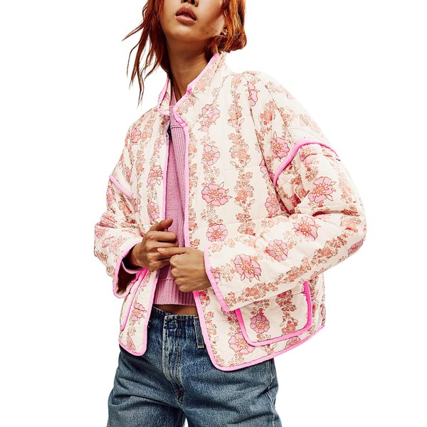 Tankaneo Womens Quilted Lightweight Jackets Floral Print Winter Coats Open