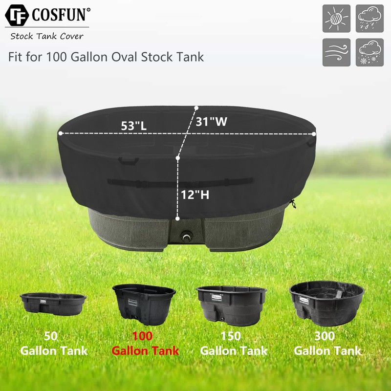 COSFUN 100 Gallon Oval Stock Tank Cover,Waterproof Dust Proof Anti-UV