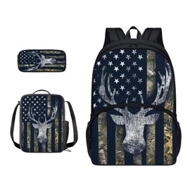 Suobstales American Flag Print Backpack Student 3 In 1 School Bookbag Set Deer Camo Design Travel Rucksack+Insulated Lunch Bag+Pencil Case