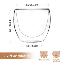 QUTREY Espresso Cups Set of 4, 2.7oz Double Walled Insulated Glass Espresso Mugs, Espresso Shot Glasses, Clear Glass Coffee Cups Suit for Espresso Machine