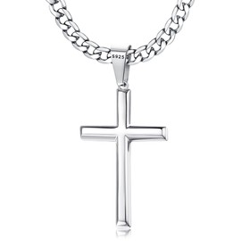 Chriscoco Cross Necklace for Men Women 925 Sterling Silver Cross Pendant with Stainless Steel Cuban Chain Necklace 5 mm Wide Silver Chain for Men, Silver, No Gemstone