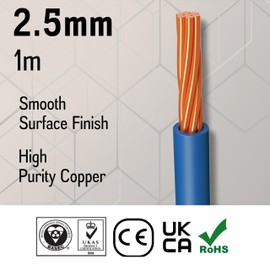 Primes DIY Single Core Conduit Cable 2.5mm Copper Wire Insulated PVC, Stranded Flexible Coil 6491X Electrical Wire, BASEC Approved – Blue Neutral(1 Meter), Home Improvement