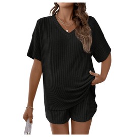 SweatyRocks Women's Maternity 2 Piece Outfits V Neck Short Sleeve Top and Elastic Waist Shorts Set Black Medium