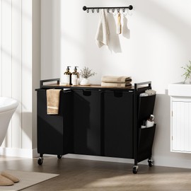 WOWLIVE Laundry Hamper with Lid 3 Section, Rolling Laundry Basket Organizer with Wheels, Iron-Made Laundry Sorter with Top Shelf and 3 Removable Bags,Large Clothes Storage for Room, Black