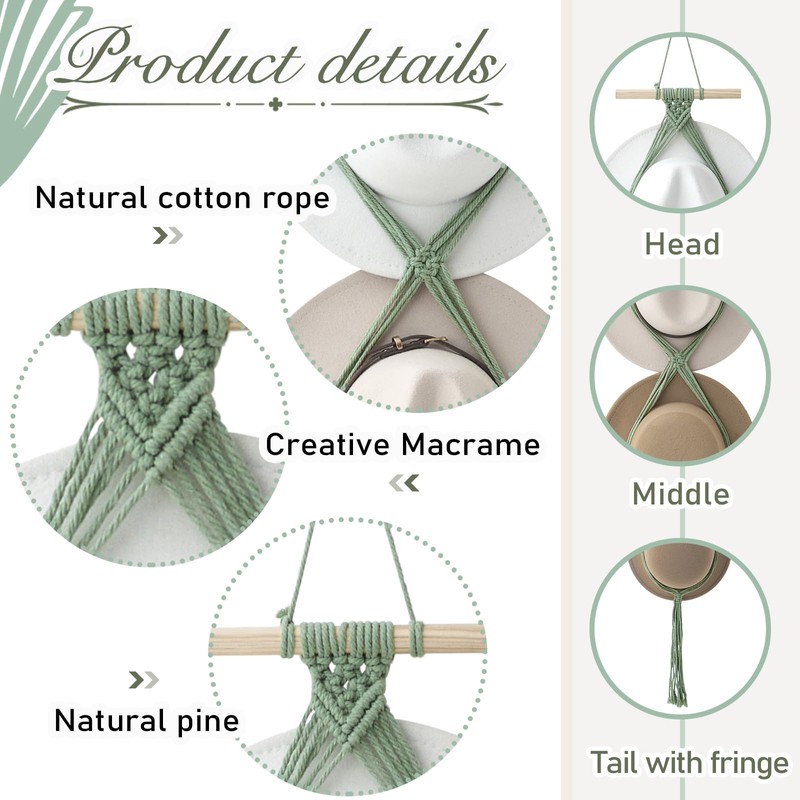 Yulejo Macrame Hat Hangers Boho Hat Rack Cowboy Hat Hanger