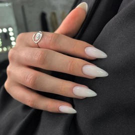 All White Press on Nails Medium Stiletto Almond,KQueenest Pure Color Acrylic Nails Set Reusable Fake Nails with Feature Protective UV Coating for Women Nail Art Manicure in 24 Pieces