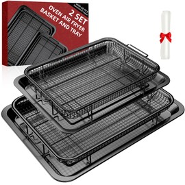 Air Fryer Basket, 2 Set Oven Air Fryer Basket and Tray with 60 PCS Parchment Papers, DEGOVIN Crisper Tray Non-stick Stainless Steel Air Fry Pans for Convection Oven(15.8" × 11" & 13" × 9.7"-Black)