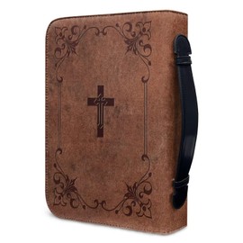 Talayituse Cross Floral Print Bible Covers for Women Men PU Leather Bible Case Bible Bag Tote Book Carrying Case Christian Bible Accessories with Handle, Brown, L