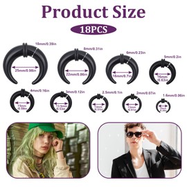 BOHUIZ 18 PCS Acrylic Septum Stretching Kit, Black C Shape Septum Pincher Tapers Stretching Expander Rings for Nose Ear for Women Men Gauges Size 14G 12G 10G 8G 6G 4G 2G 0G 00G