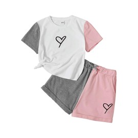 Kids Toddler Girl Clothes Outfits Color Clash Short Sleeve Heart Print Tops Summer Shorts Set(5-6t)