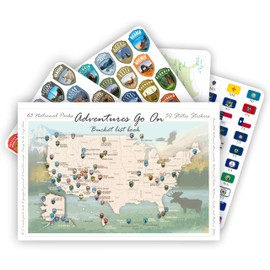 Adventures Go On. The book 2024 (170 pages) is a guide to the National Parks of the United States of America with complete stickers for all 63 US National Parks.