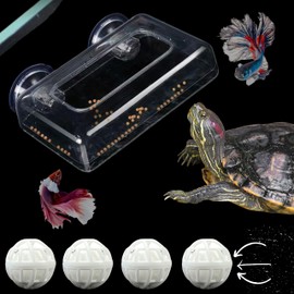 Acrylic Fish Feeding Box Ring for Turtle with Filter Ball Set, Fish Feeder Ring and Nitrifying Ball, Betta Feeding Floating, Turtle Enrichment Toys, Floating Betta Food Holder (Clear, L)
