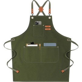 AFUN Chef Aprons for Men Women with Large Pockets, Cotton Canvas Cross Back Heavy Duty Adjustable Work Apron, Size M to XXL (Armygreen)