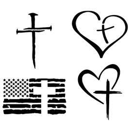 Cross Decal 4 Pack: Cross of Nails, Heart Cross, American Flag Cross, Christian Cross in Heart Decals (Small ~3.5", Black)