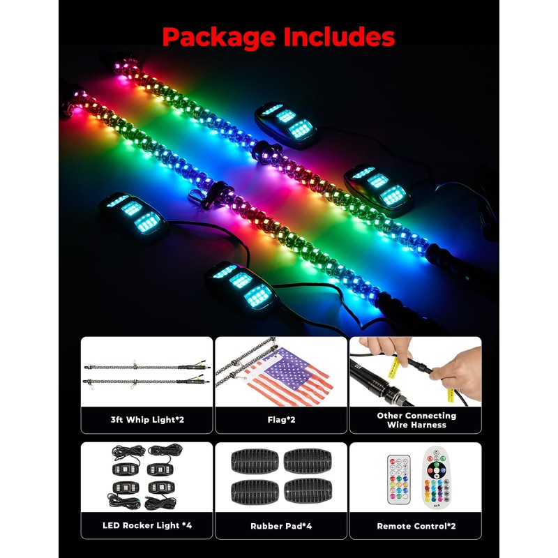 KEMIMOTO 3FT 2PCS Spiral Whip Lights and 4 Pods RGB
