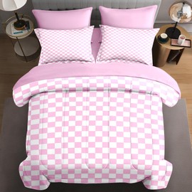 Plaid Checkerboard Grid Geometric Bean Pink Comforter Set 7 Pcs Queen Size Quilt, Checkered Modern Abstract Soft Bedding Set with Flat and Fitted Sheet Pillowcases Sham for Adults Bedroom Bed Decor