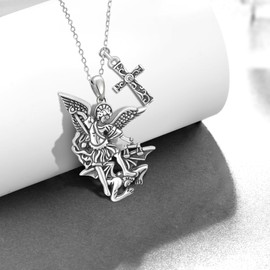 Archangel Michael Necklace for Men 925 Sterling Silver Cross St Michael Necklace Protection Amulet Jewelry Gifts for Men Women Father Husband 22"+2" Chain