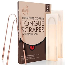 Tongue Scraper for Adults with Travel Case (2 Pc), Bad Breath Treatment Metal Tongue Cleaner, 100% Natural Copper Ayurvedic Tongue Scrapers for Oral Care, Easy to Use Dental Hygiene for Fresh Breath