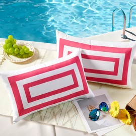 JOJOGOGO 12x20 Hot Pink Frame Outdoor Lumbar Pillow Covers Waterproof & Sunproof Set of 2, White and Pink Outdoor Decorative Lumbar Throw Pillows for Patio Furniture and Porch Decor(Without Inserts)