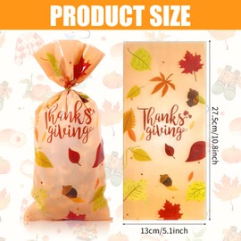 UgyDuky 100Pcs Thanksgiving Treat Bags Thanksgiving Cellophane Bags Autumn Maple Leaves Pumpkin Turkey Candy Bags Clear Plastic Goodie Treat Bags with Gold Twist Ties for Thanksgiving Party Favors