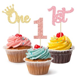 24 piezas de adornos para cupcakes de primer cumpleaños con purpurina, decoraciones para tartas de primer cumpleaños, una púas para cupcake para niños, baby shower, 1er cumpleaños, decoración de pasteles, suministros de decoración de pasteles, dorado, ro